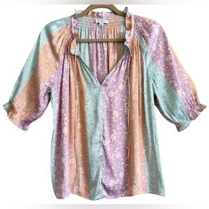 CURRENT AIR Colorful Multicolored Lightweight Peasant Floral Puff Sleeves Top M